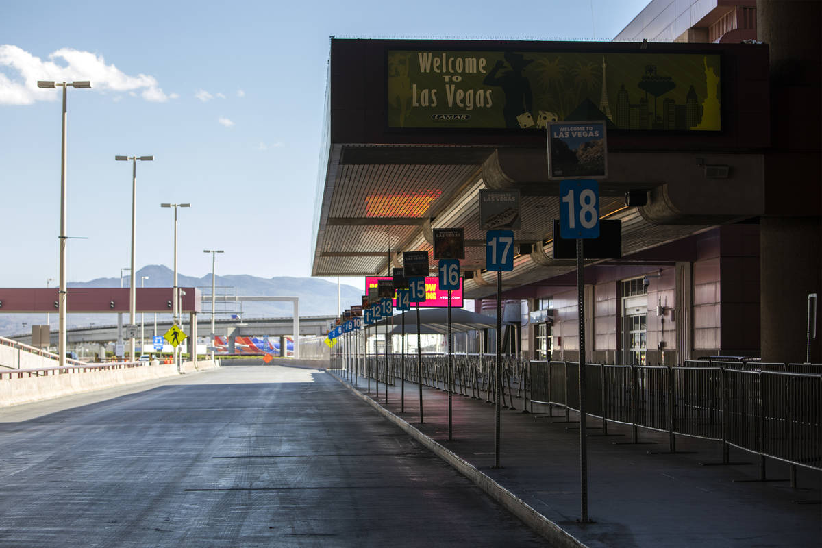 The taxi line is empty at McCarran International Airport on Wednesday, April 1, 2020, in Las Ve ...