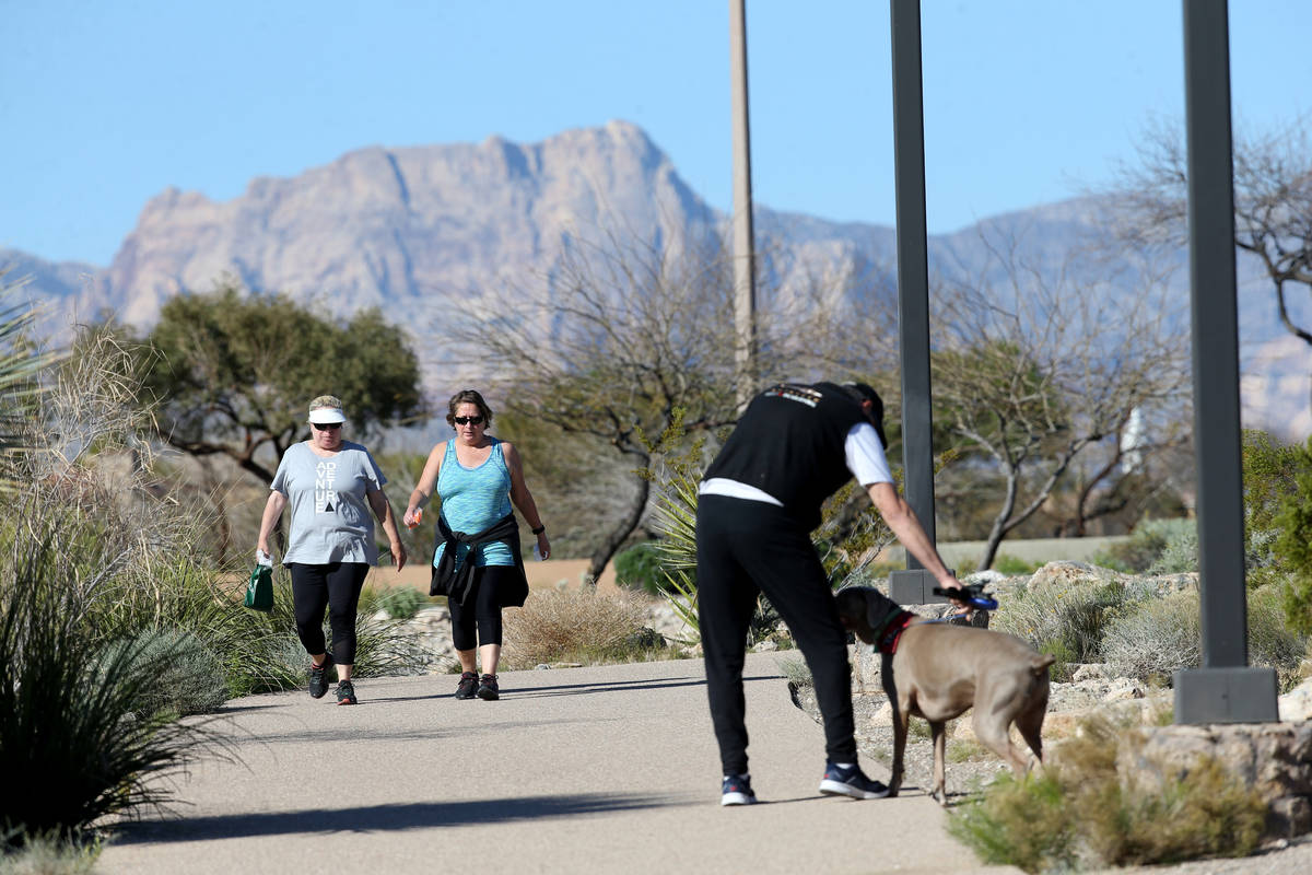 Joe Tucker of Las Vegas moves his dog Ryder to allow others to pass while exercising at Hualapa ...
