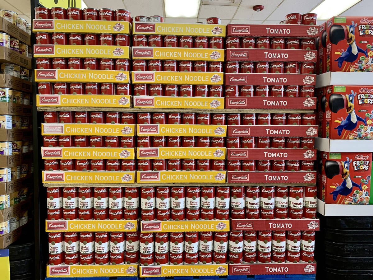 Stacks of canned soup are seen at the Smith's store on E Sunset Road in Henderson on Tuesday, M ...