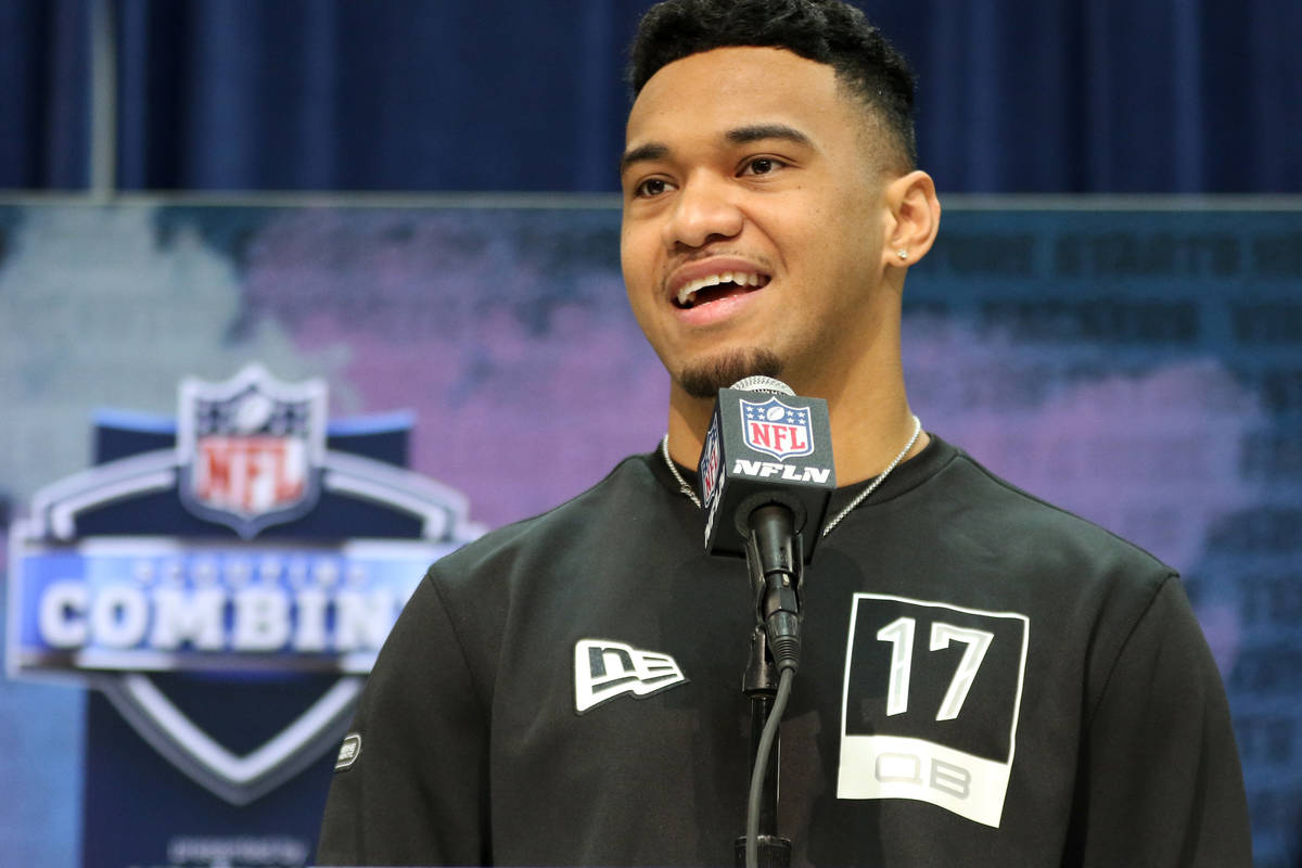 Alabama quarterback Tua Tagovailoa speaks during a news conference at the NFL scouting combine ...