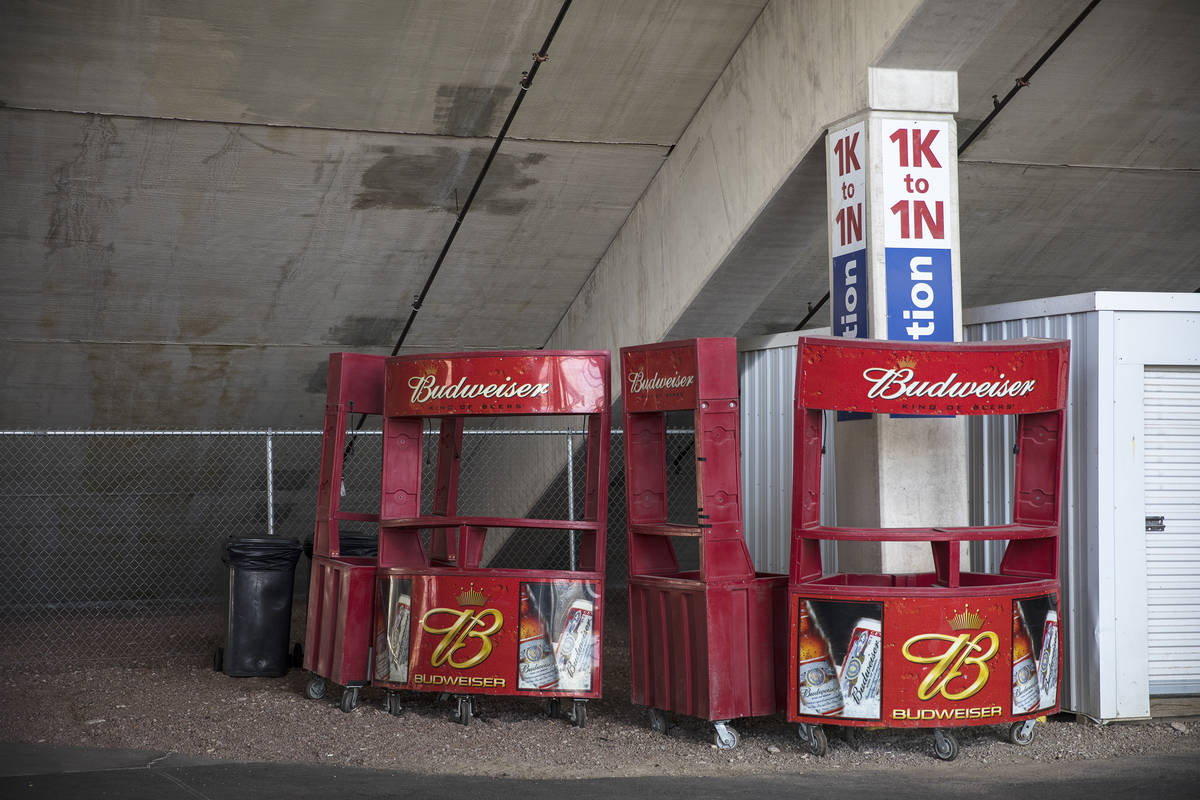 Beer stands under the bleachers at The Strip at the Las Vegas Motor Speedway in Las Vegas, Sund ...