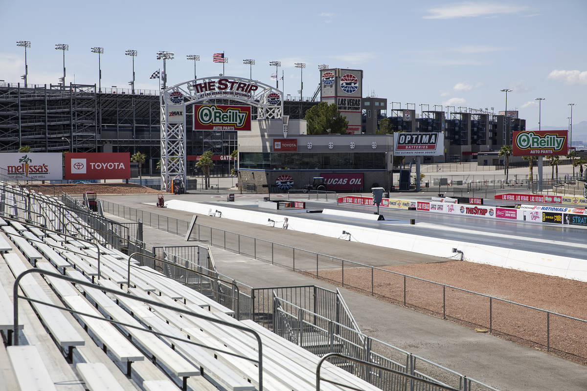 Empty bleachers at The Strip at the Las Vegas Motor Speedway in Las Vegas, Sunday, April 5, 202 ...