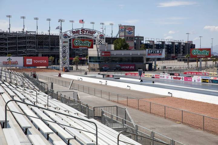 Empty bleachers at The Strip at the Las Vegas Motor Speedway in Las Vegas, Sunday, April 5, 202 ...