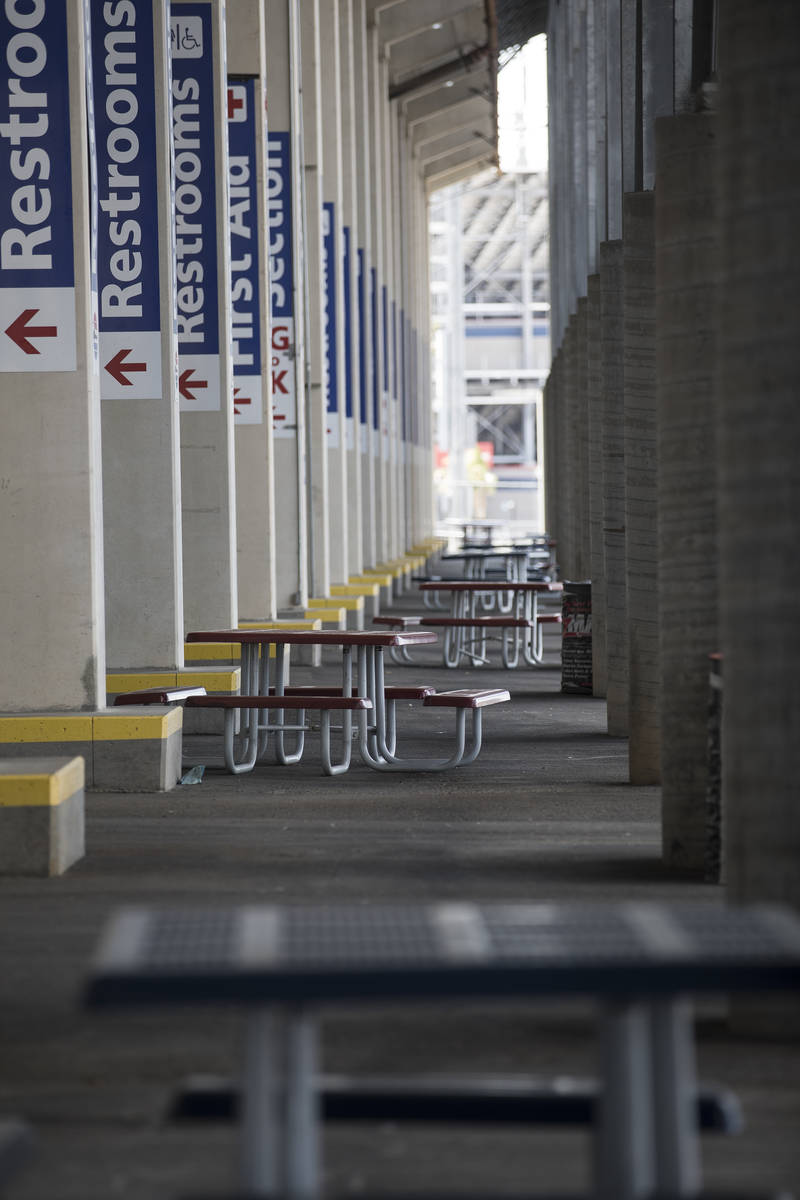 Empty picnic tables at The Strip at the Las Vegas Motor Speedway in Las Vegas, Sunday, April 5, ...