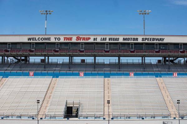 Empty bleachers at The Strip at the Las Vegas Motor Speedway in Las Vegas, Sunday, April 5, 202 ...