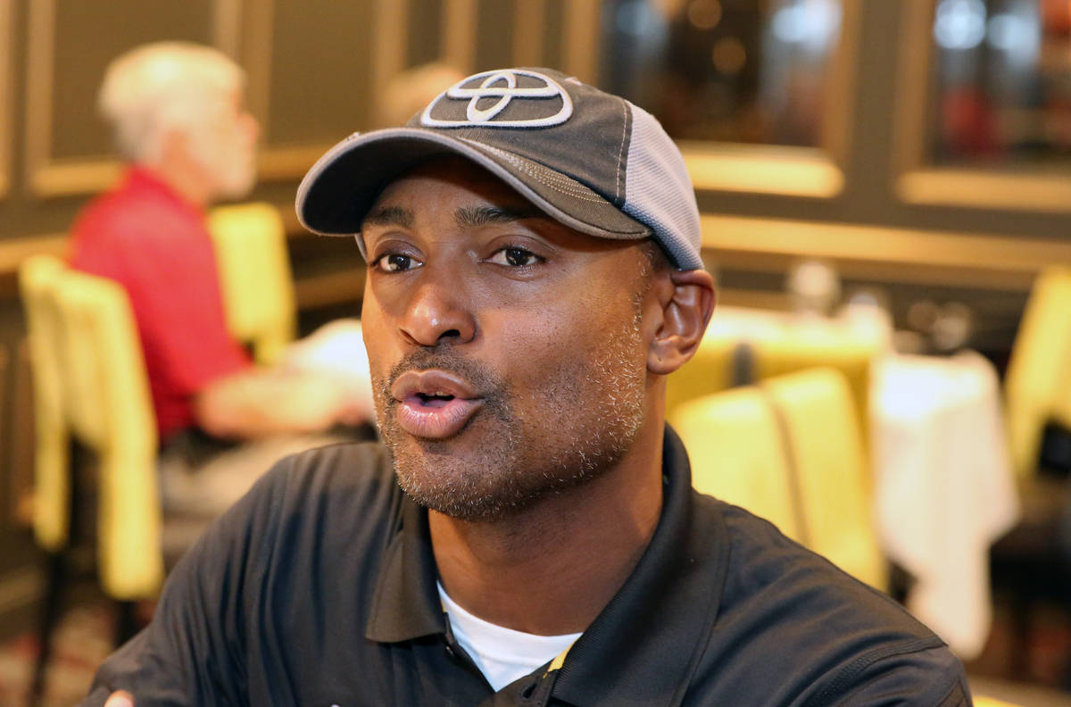 Top Fuel driver Antron Brown speaks during an interview with the Las Vegas Review-Journal durin ...