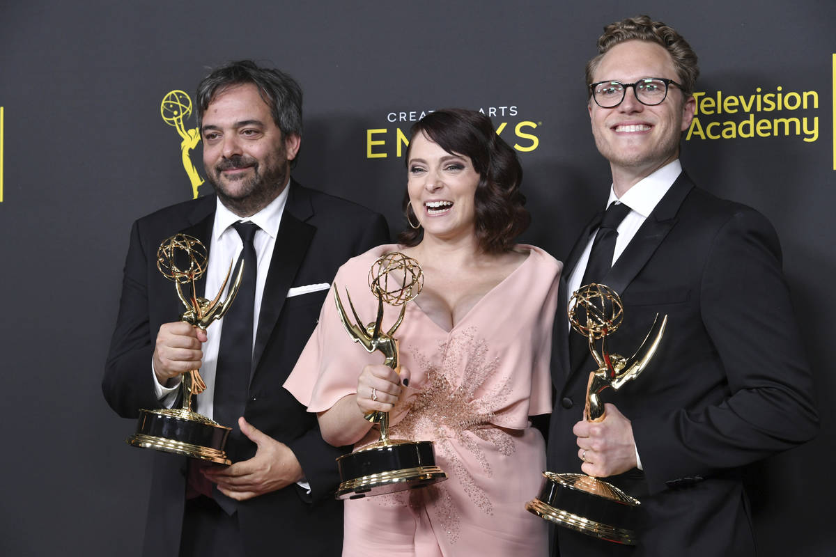 FILE - This Sept. 14, 2019 file photo shows Adam Schlesinger, from left, Rachel Bloom and Jack ...
