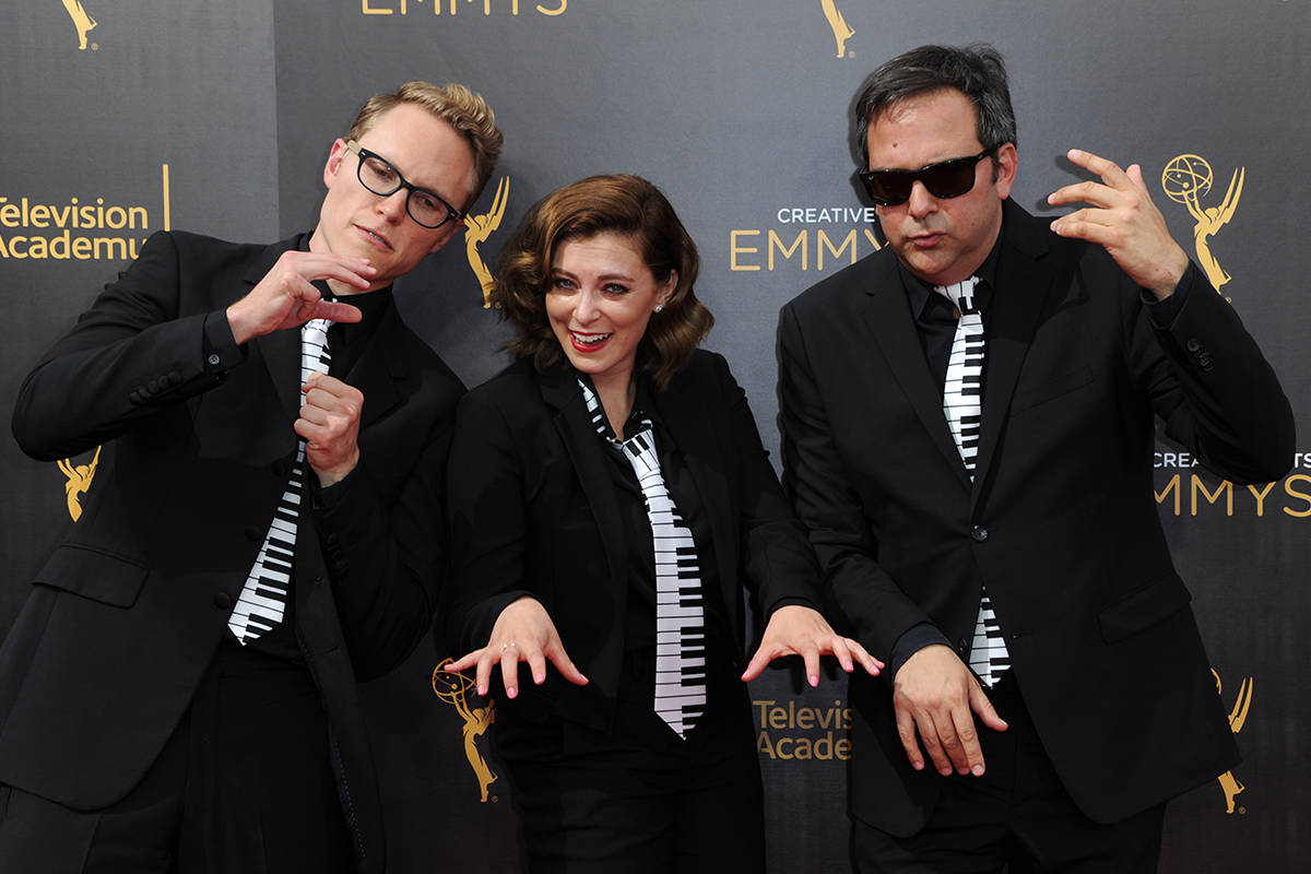 Jack Dolgen, from left, Rachel Bloom, and Adam Schlesinger arrive at night one of the Creative ...