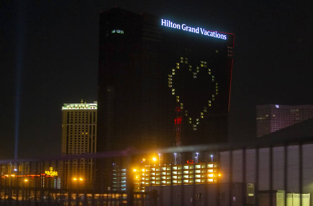 Hilton Grand Vacations displays signage showing support for Las Vegas during the coronavirus pa ...