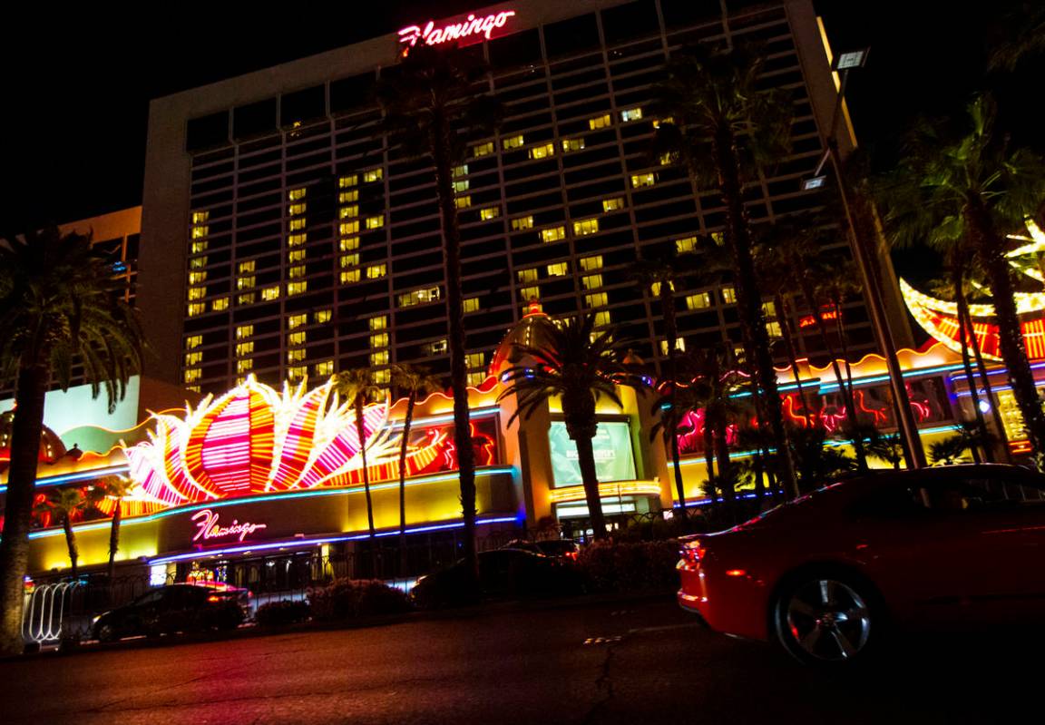 Lights through room windows are displayed at the Flamingo along the Las Vegas Strip on Wednesda ...