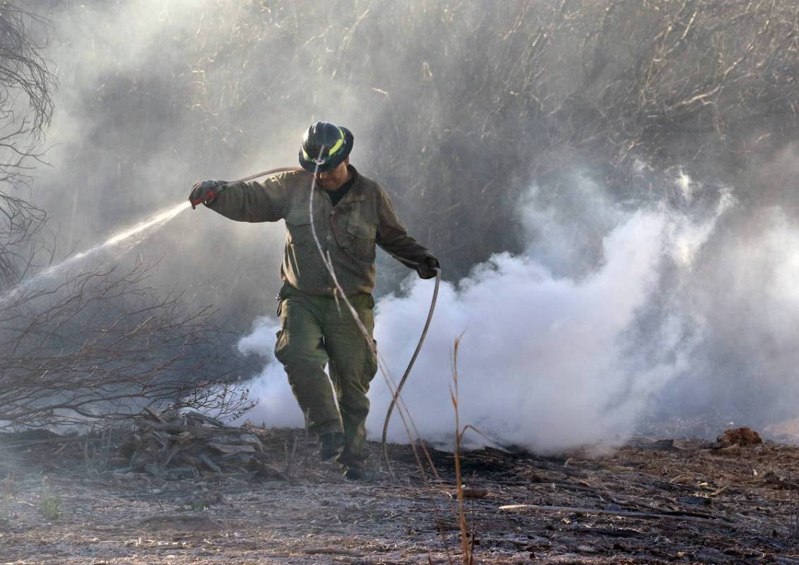 Firefighters from Nevada Division of Forestry Josh Gonzalez, left, and Raul Arroyo puts out hot ...