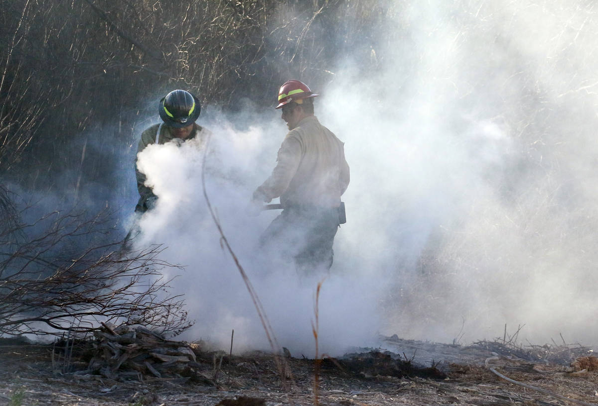 Firefighters from Nevada Division of Forestry Josh Gonzalez, left, and Raul Arroyo put out hots ...