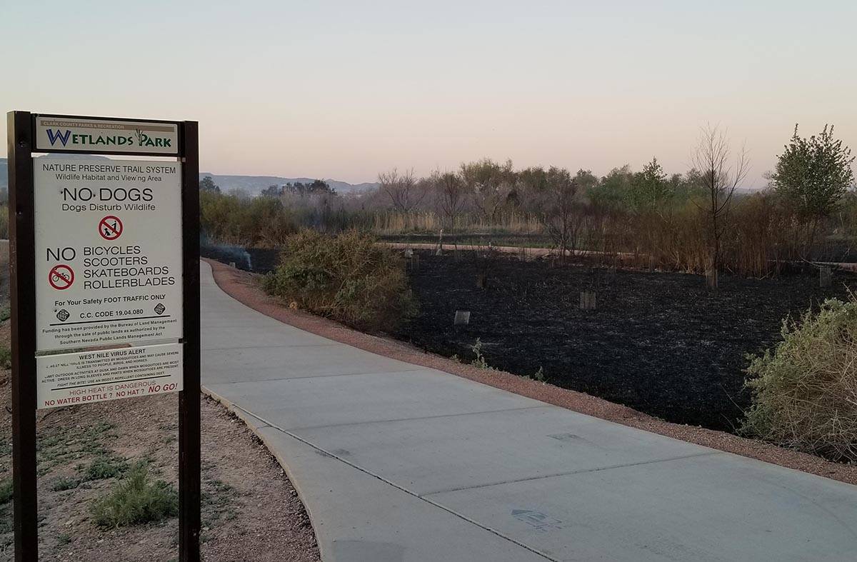 Grassland burned by fire at Clark County Wetlands Park on Thursday, April 2, 2020. (Clark Count ...