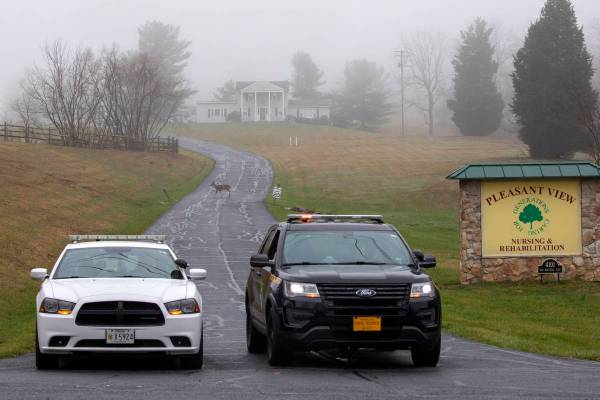 A deer crosses through the fog as a Carroll County Sheriff officer and a Maryland State Trooper ...