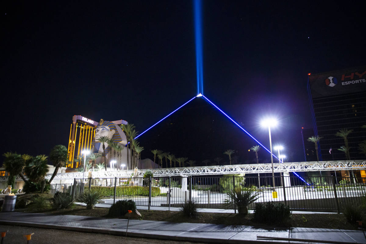 Lights at the Luxor are lit blue in memory of Nevada Highway Patrol Sgt. Benjamin Jenkins in La ...