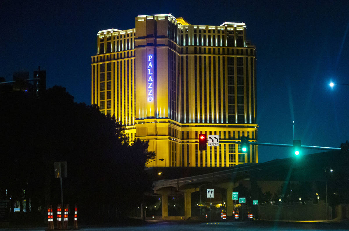The Palazzo sign is lit blue in memory of Nevada Highway Patrol Sgt. Benjamin Jenkins in Las Ve ...