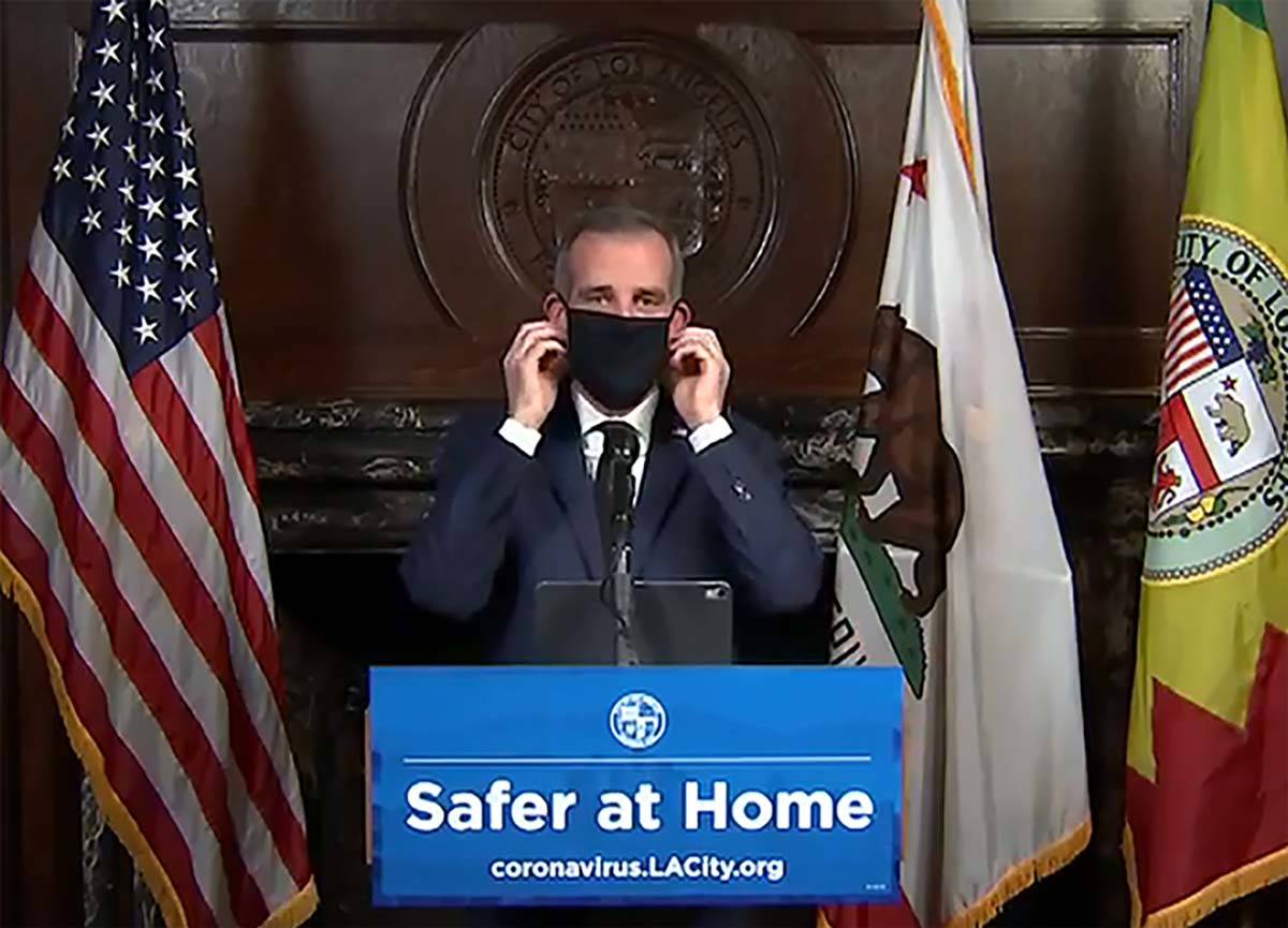 This still image taken from a live stream provided by Office of Mayor Eric Garcetti showing Los ...
