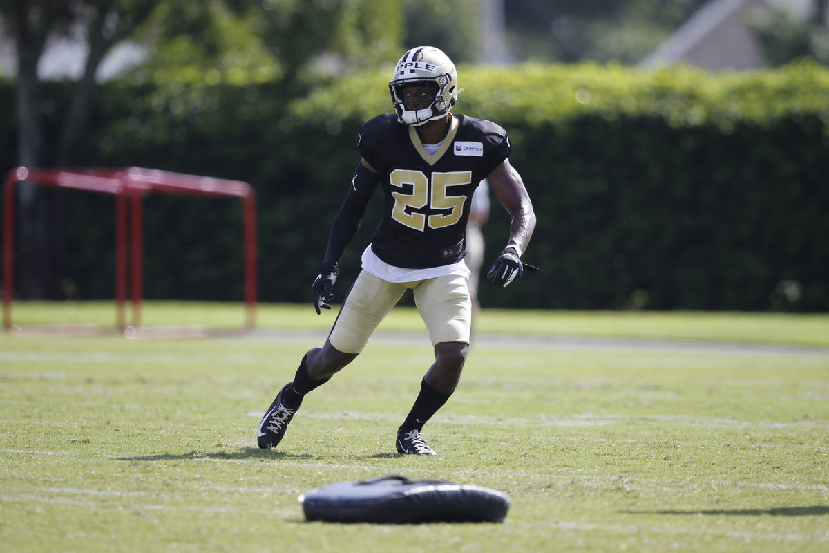 New Orleans Saints cornerback Eli Apple (25) goes through drills during training camp at their ...