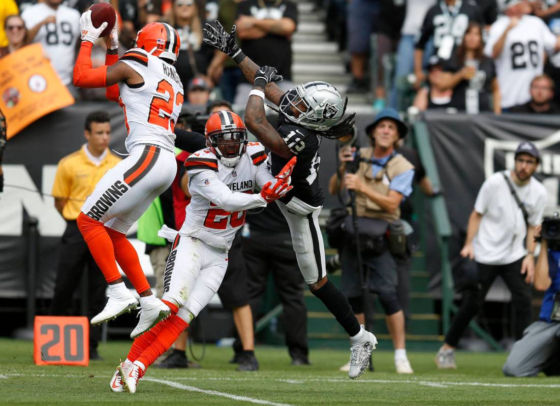 Cleveland Browns strong safety Damarious Randall (23) intercepts a pass intended for Oakland Ra ...