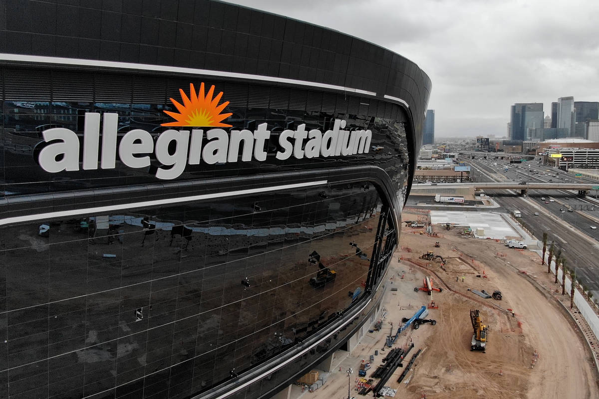 Aerial view of newly installed signage for Allegiant Stadium, future home of the Las Vegas Raid ...
