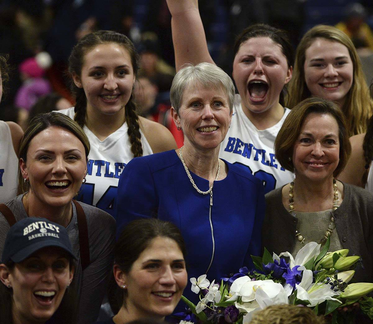 In this Jan. 17, 2018 file photo, Bentley coach Barbara Stevens, center, is congratulated durin ...
