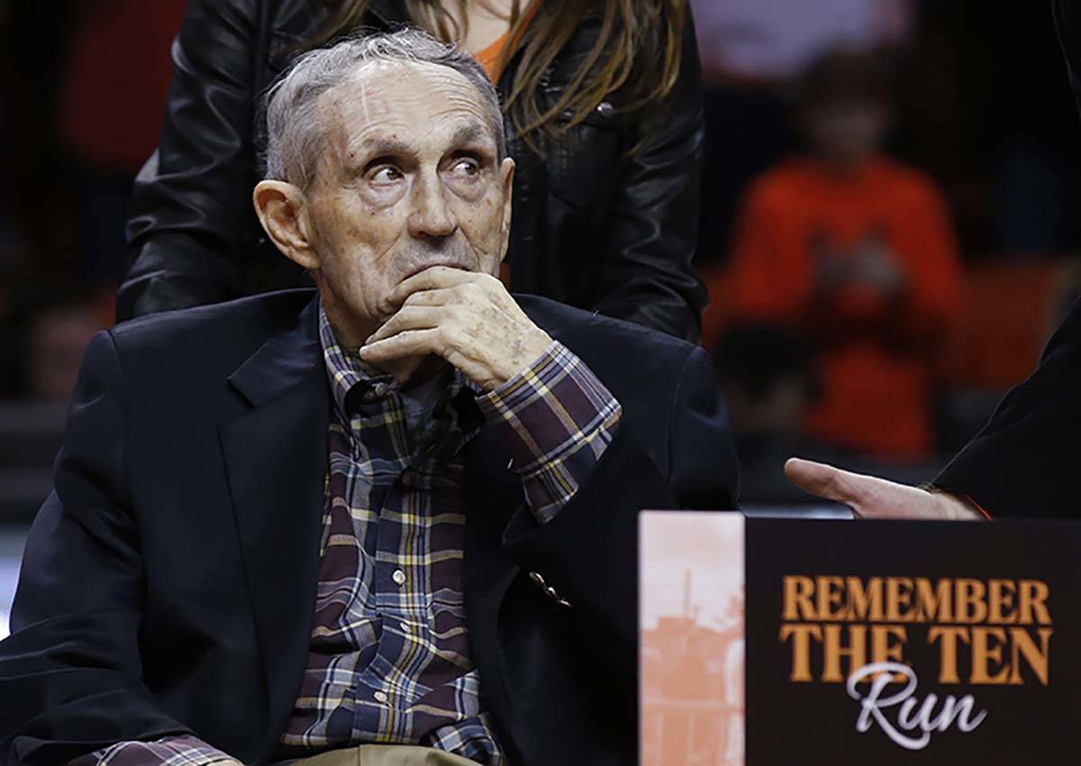In this Jan. 20, 2018 file photo, former Oklahoma State basketball coach Eddie Sutton is pictur ...