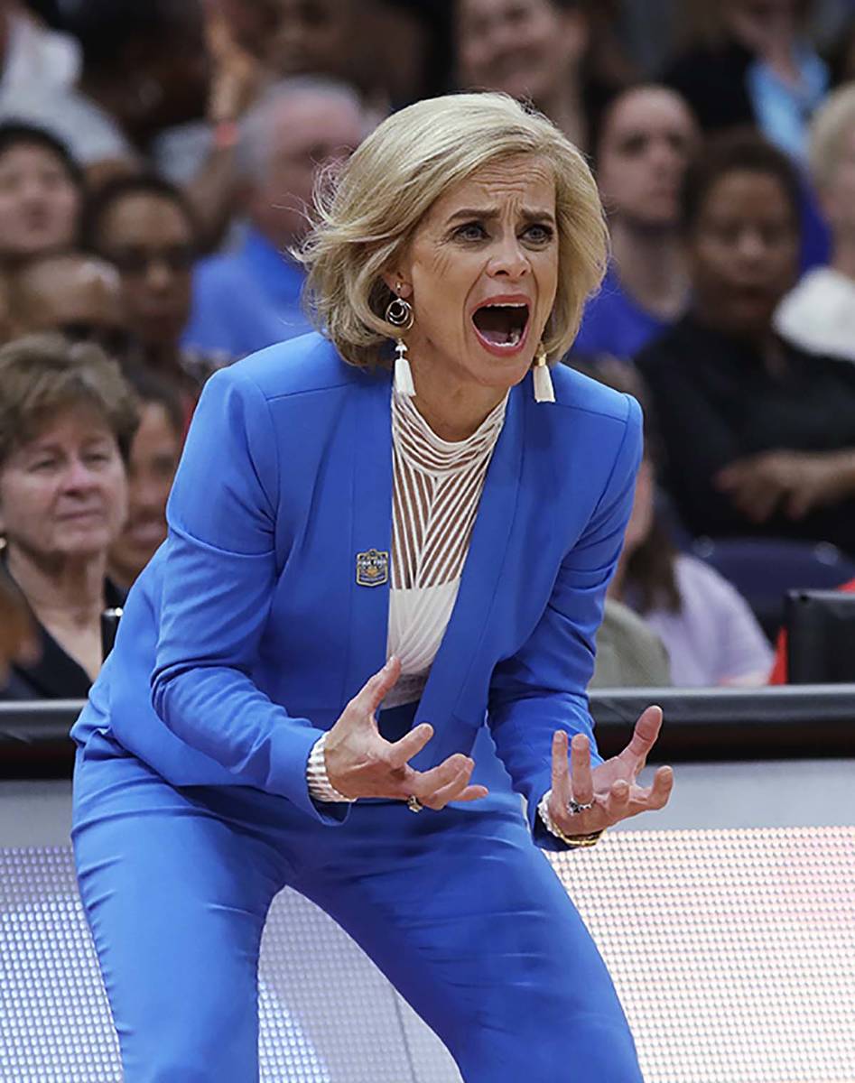 In this April 7, 2019 file photo, Baylor coach Kim Mulkey encourages her team during the first ...