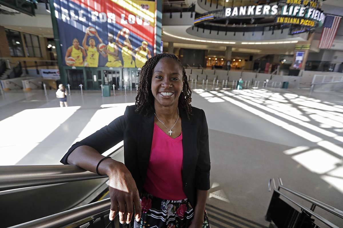 In this June 26, 2019 file photo, Tamika Catchings poses for a photo inside Banker's Life Field ...