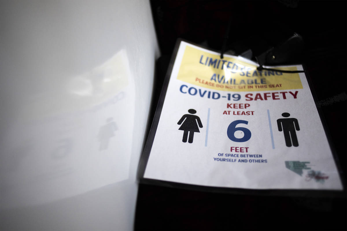 A sign reserves seats to maintain social distancing and COVID-19 safety on a bus in Laughlin on ...