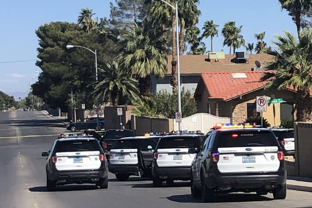 Las Vegas police investigate a reported homicide on Saturday afternoon, April 4, 2020, in the s ...