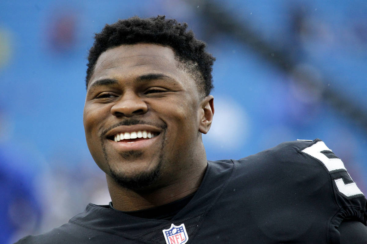 FILE - In this Oct. 29, 2017, file photo, Oakland Raiders defensive end Khalil Mack smiles befo ...