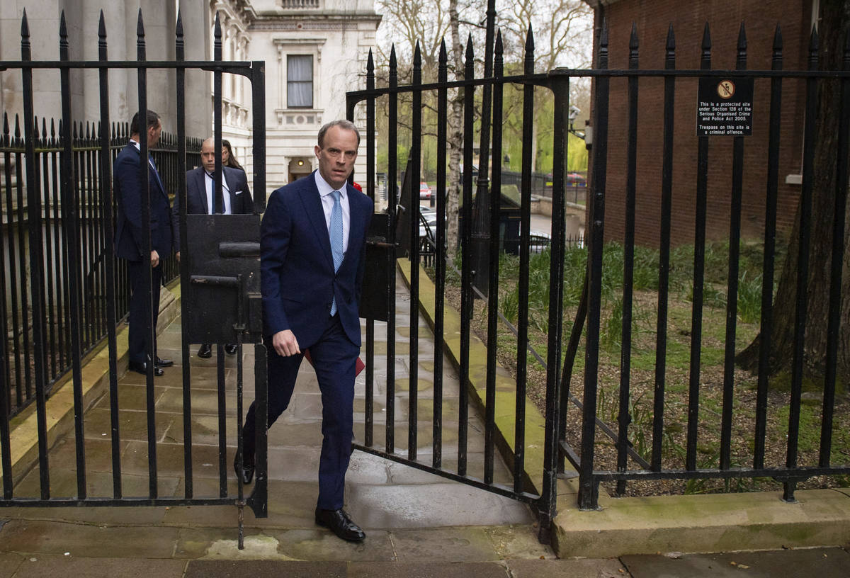 Britain's Foreign Secretary Dominic Raab arrives in Downing Street, London, Monday April 6, 202 ...