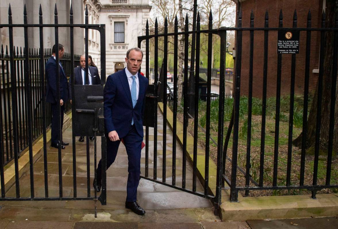Britain's Foreign Secretary Dominic Raab arrives in Downing Street, London, Monday April 6, 202 ...
