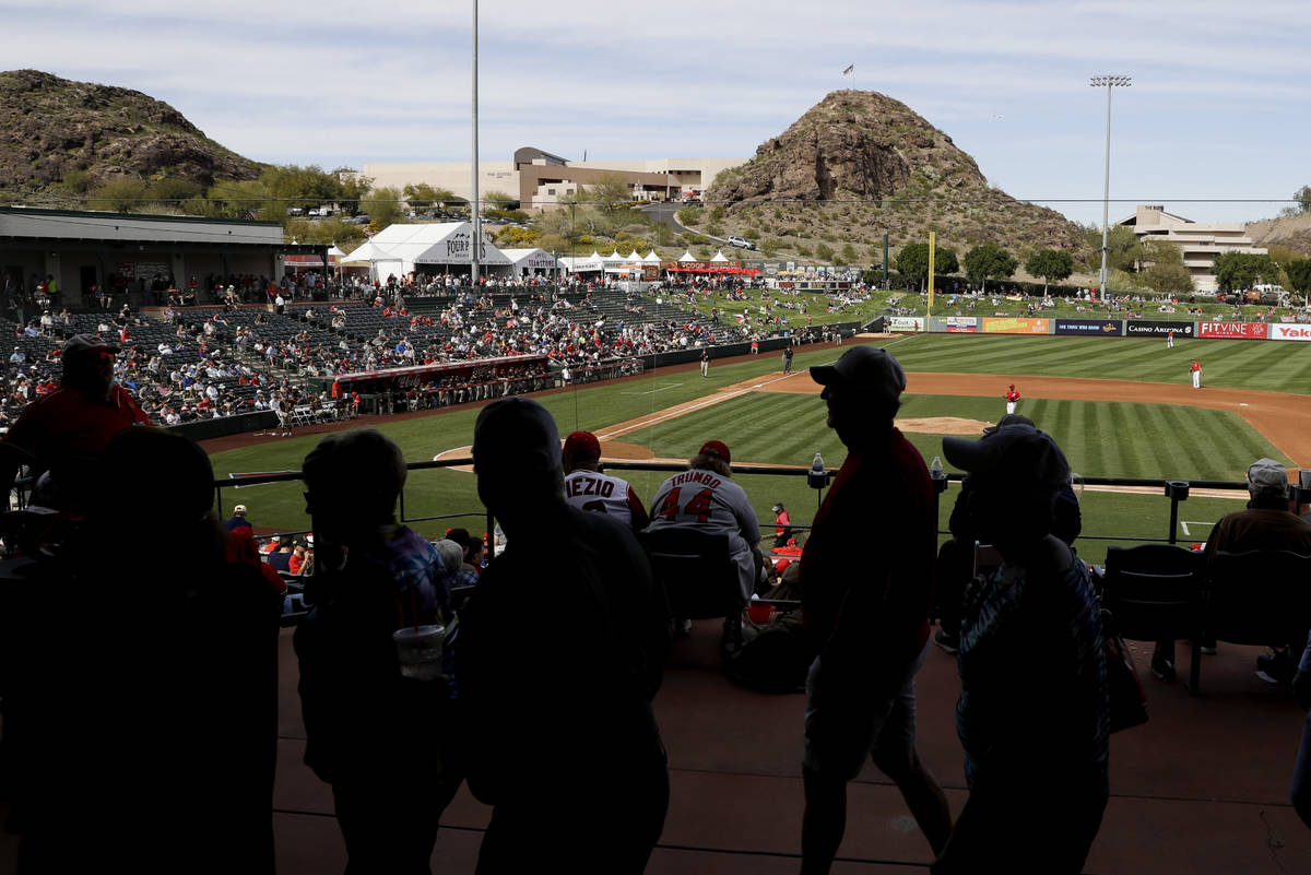Fans watch a spring training baseball game between the Los Angeles Angels and the San Diego Pad ...