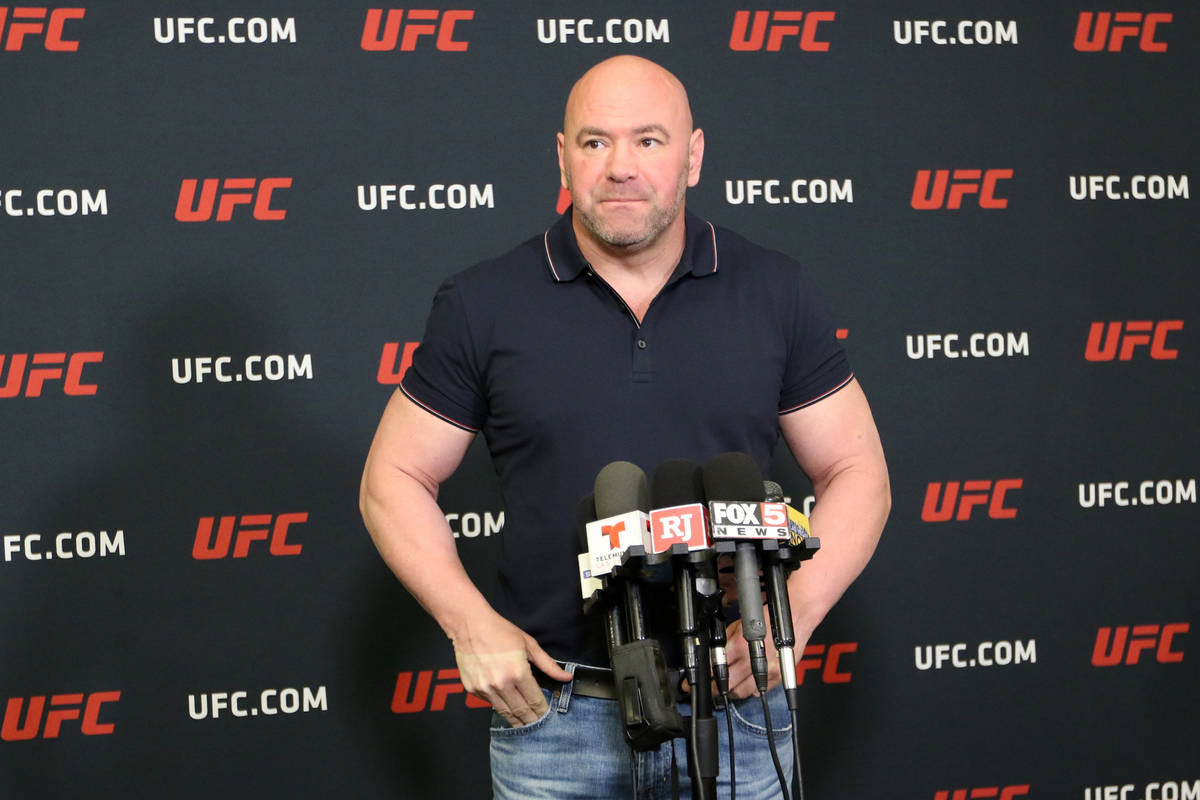 UFC president Dana White at a press conference at the UFC Apex in Las Vegas, Tuesday, March 3, ...