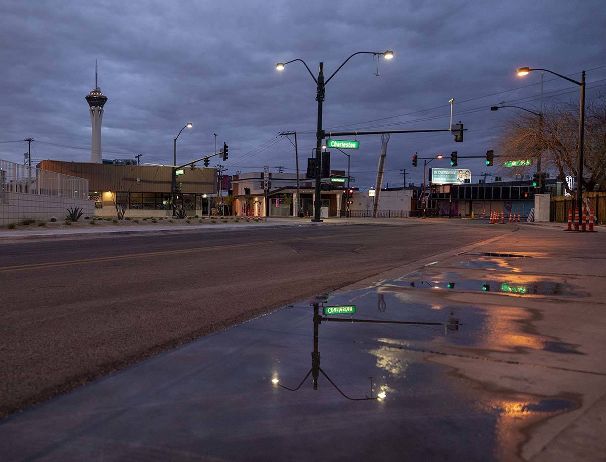 Water from the night's rain remains into early Tuesday morning in Las Vegas on April 7, 2020. R ...