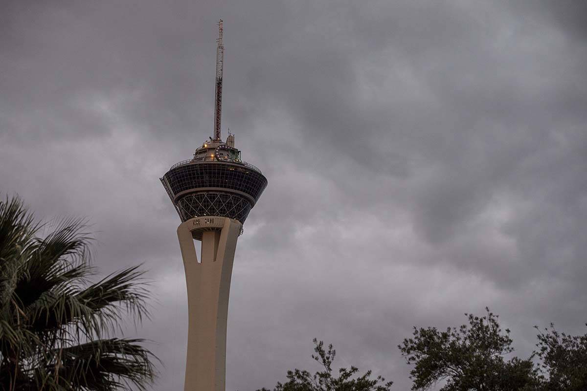Gray clouds hang over Las Vegas on Tuesday, April 7, 2020. Rain is expected in the Las Vegas Va ...