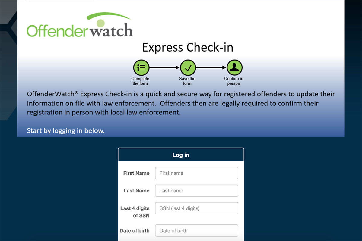 A screenshot of the Offender Watch database at offenderwatchexpress.com