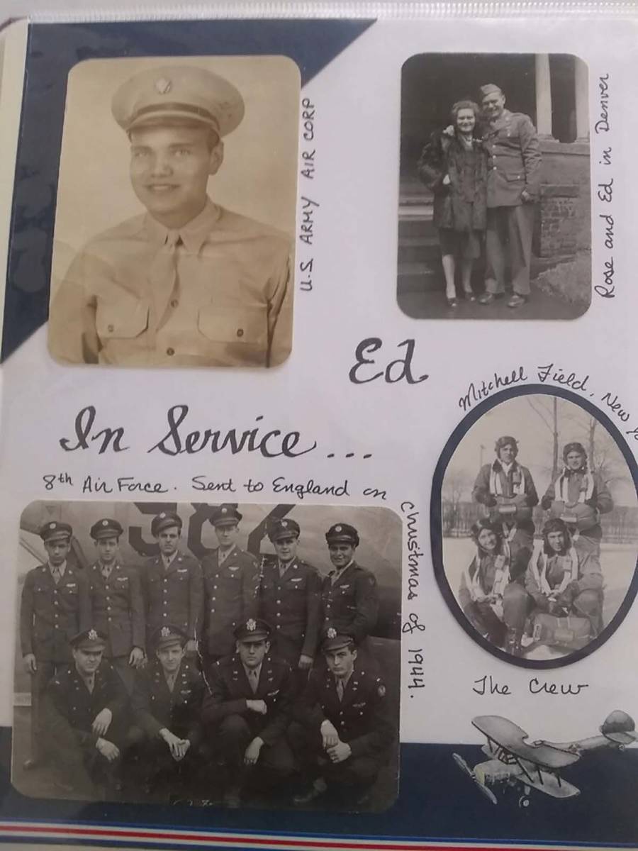 A photo of a scrapbook containing photos of a young Edward Turken in the U.S. Army Air Corps du ...