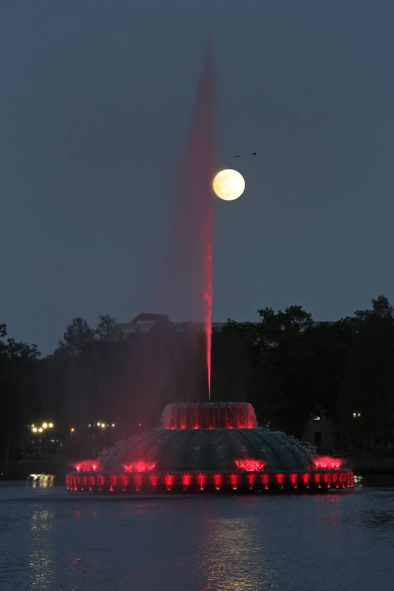The supermoon rises in the sky in front of a fountain a Lake Eola Tuesday, April 7, 2020, in (O ...