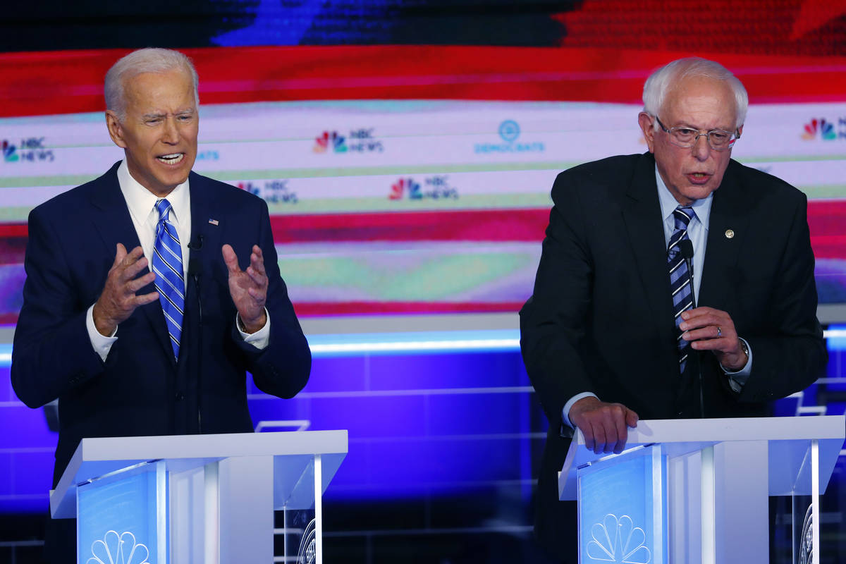 Democratic presidential candidates, former Vice President Joe Biden and Sen. Bernie Sanders, I- ...