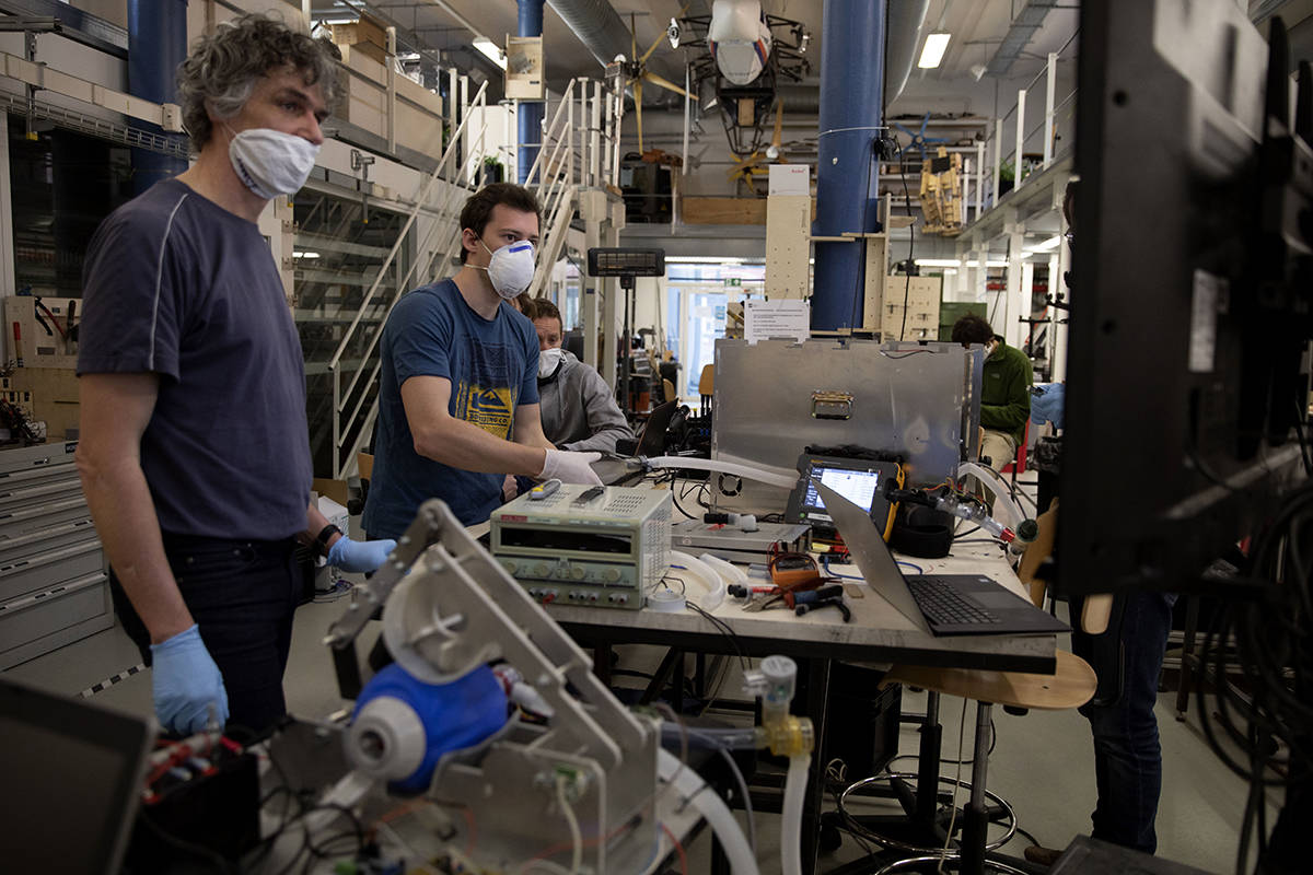 Engineers at the Vrije University of Brussels test respirator equipment for eventual use with C ...