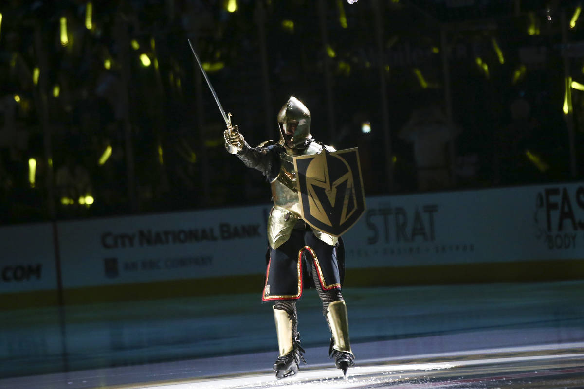 The Golden Knight pumps up the crowd before the start of Game 3 of an NHL Western Conference qu ...