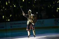 The Golden Knight pumps up the crowd before the start of Game 3 of an NHL Western Conference qu ...