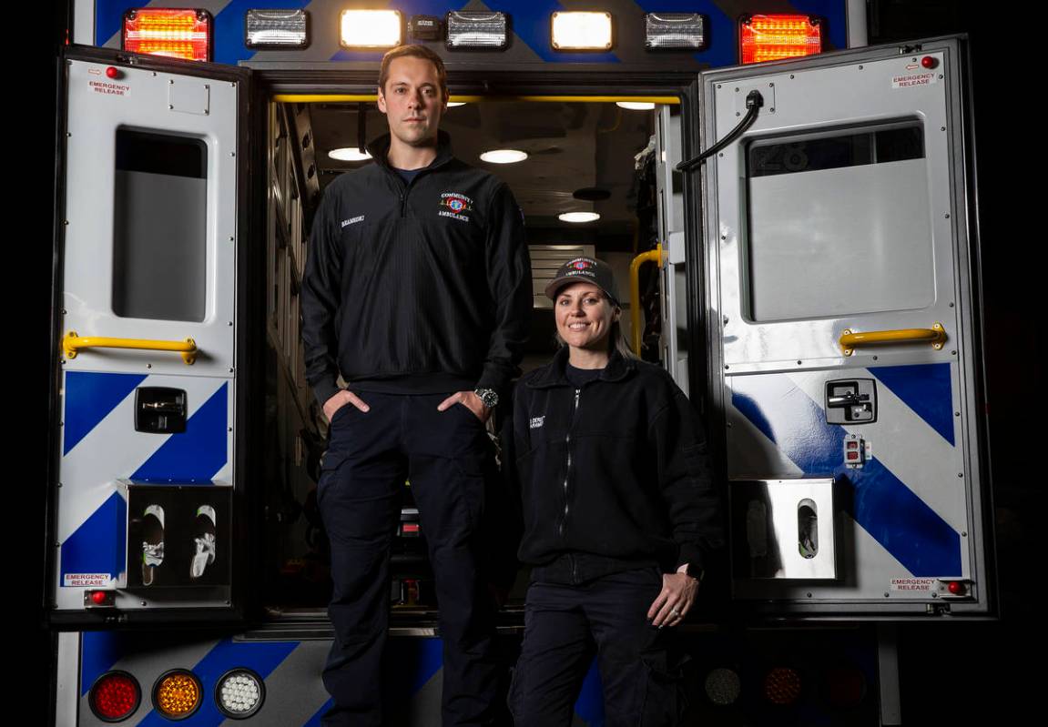 Paramedics Jeff Yost, left, and Sarah Derleth at Community Ambulance on Wednesday, April 8, 20 ...
