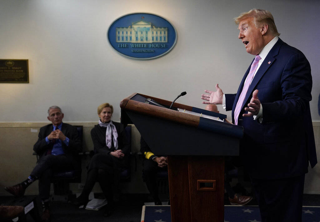 President Donald Trump speaks during a coronavirus task force briefing at the White House, Frid ...