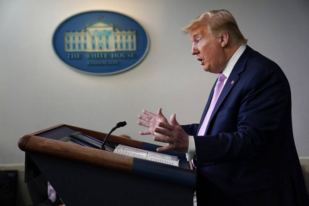 President Donald Trump speaks during a coronavirus task force briefing at the White House, Frid ...