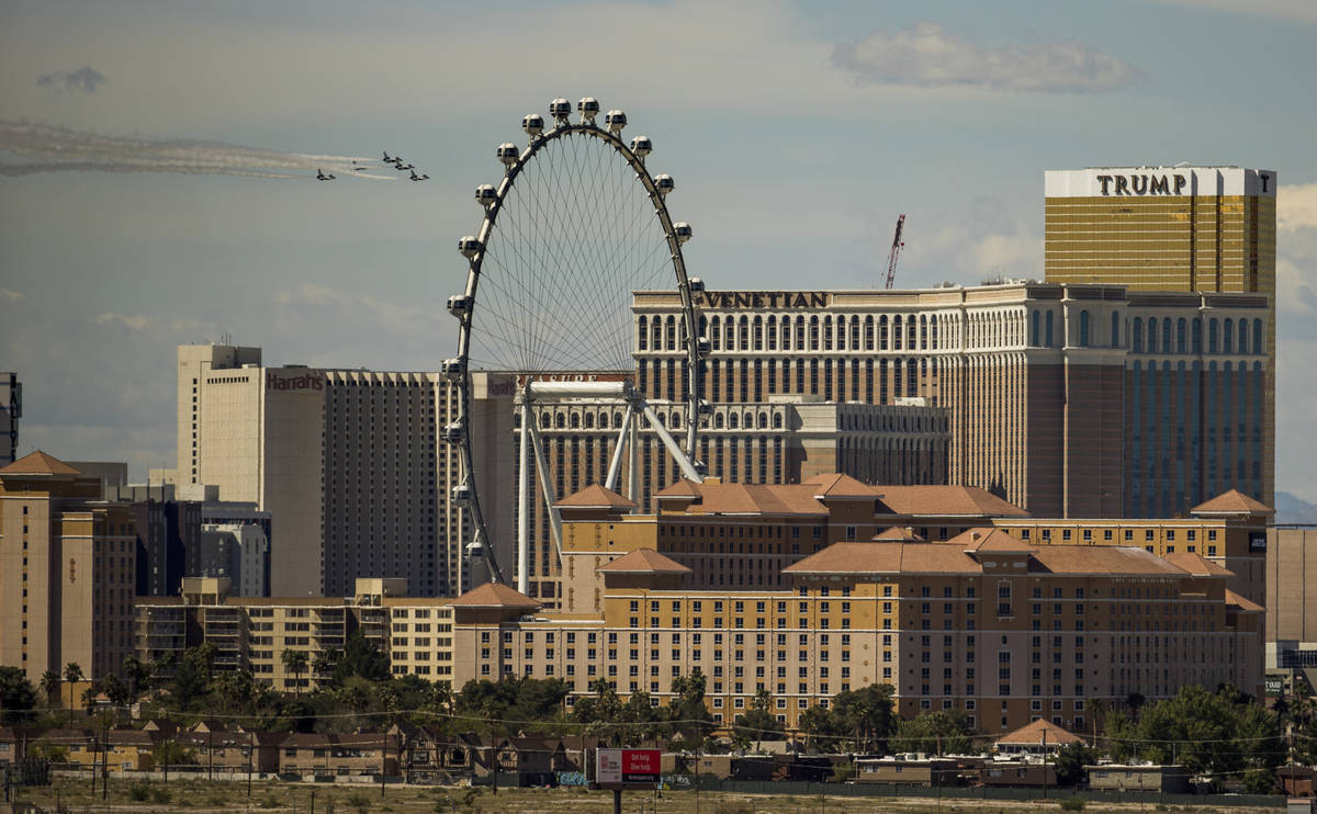 The U.S. Air Force Air Demonstration Squadron ÒThunderbirdsÓ soar past the Strip duri ...