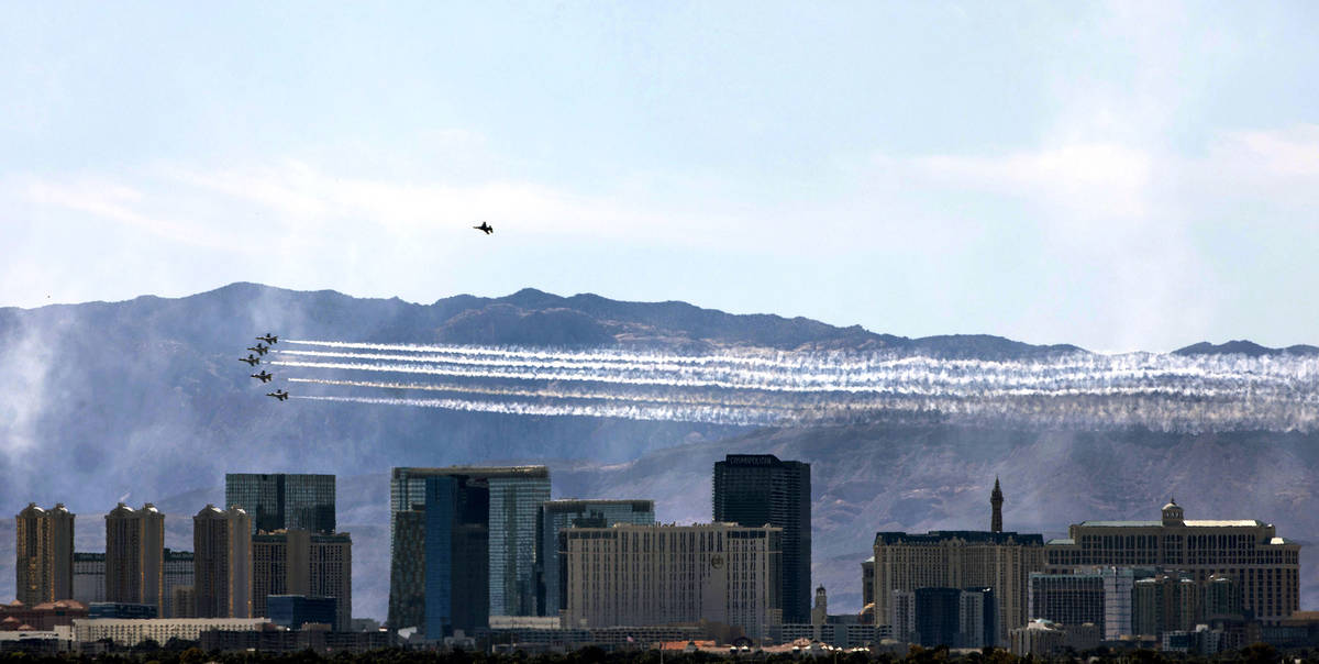The U.S. Air Force Air Demonstration Squadron, the “Thunderbirds,” flies over the ...