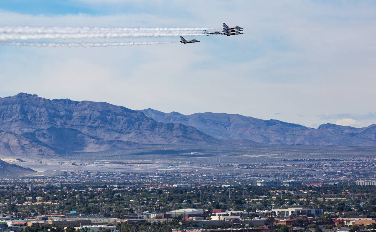 The U.S. Air Force Thunderbirds fly in formation above the Las Vegas Valley on Saturday, April ...